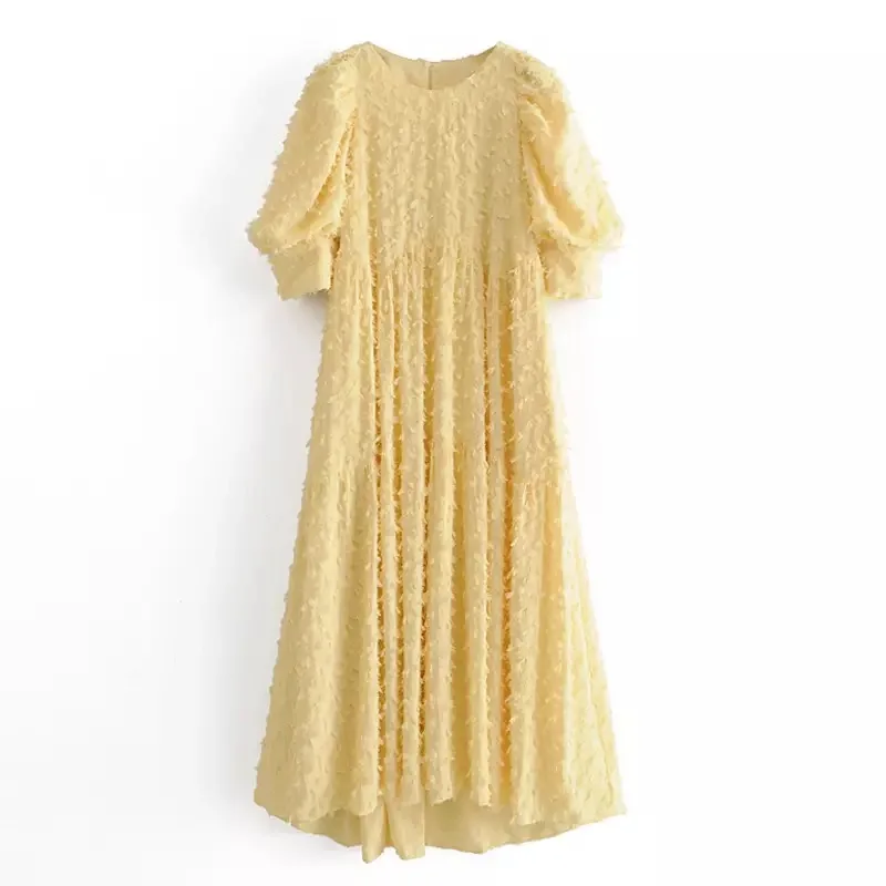 

CAWA Women Elegant O-Neck Long Dress Puff Short Sleeve Loose Casual Dress Ladies Yellow Pleated Midi Fashion Dresses