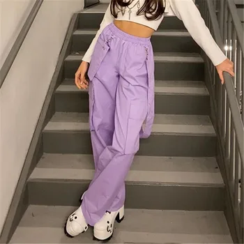 

YYXZ Spring Fashion Solid Color Streamer Big Pocket SML High Waist Elastic Waist Woman Casual Pants Lady Trousers Streetwear
