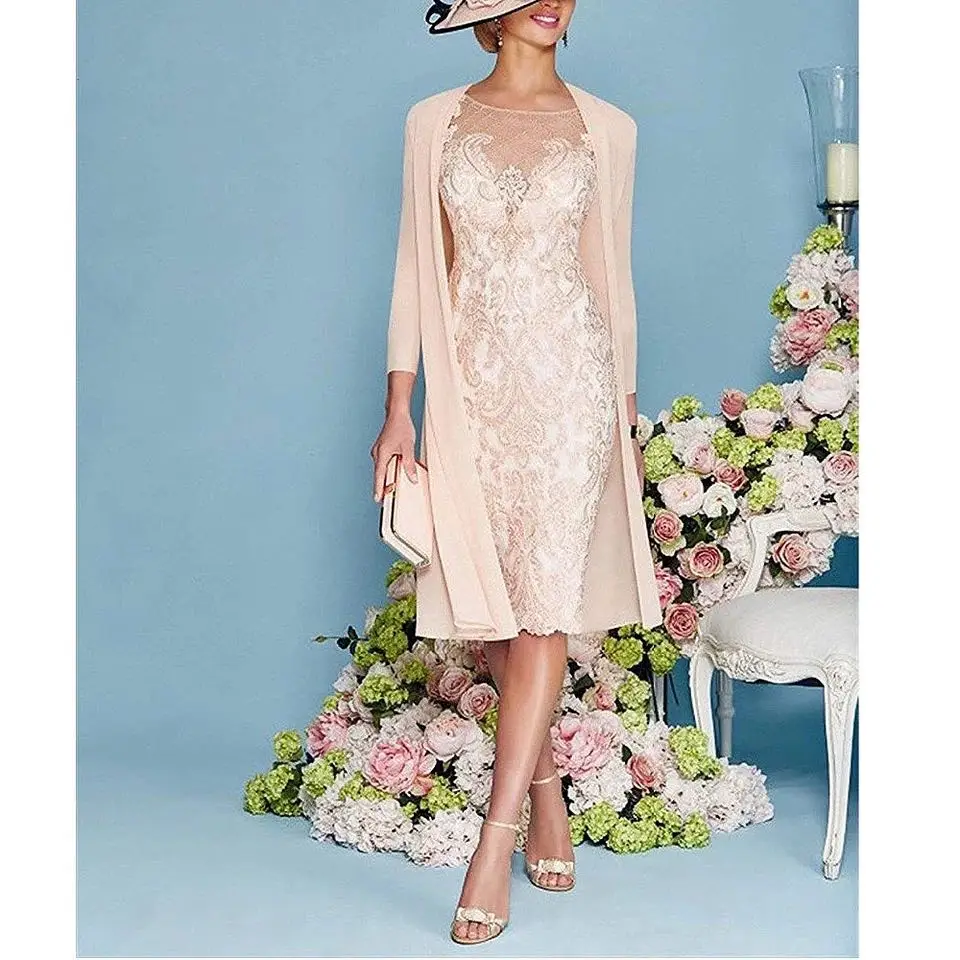 Two Piece Sheath / Column Mother of the Bride Dress Elegant Jewel Neck Knee Length Lace 3/4 Length Sleeve with Embroidery 2021