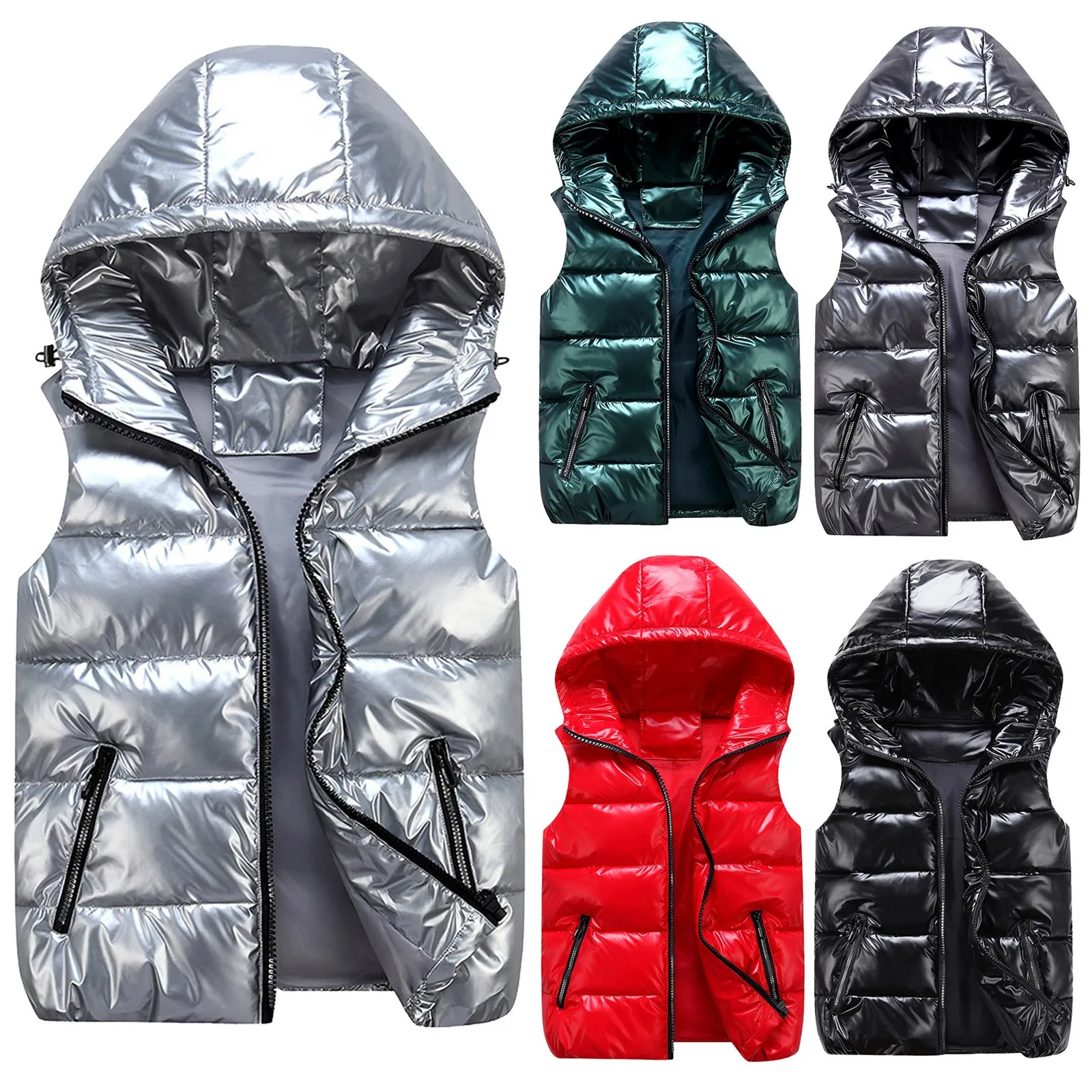 Women Winter Vests Jacket Zipper Pocket Hooded 2021 New Bright Color