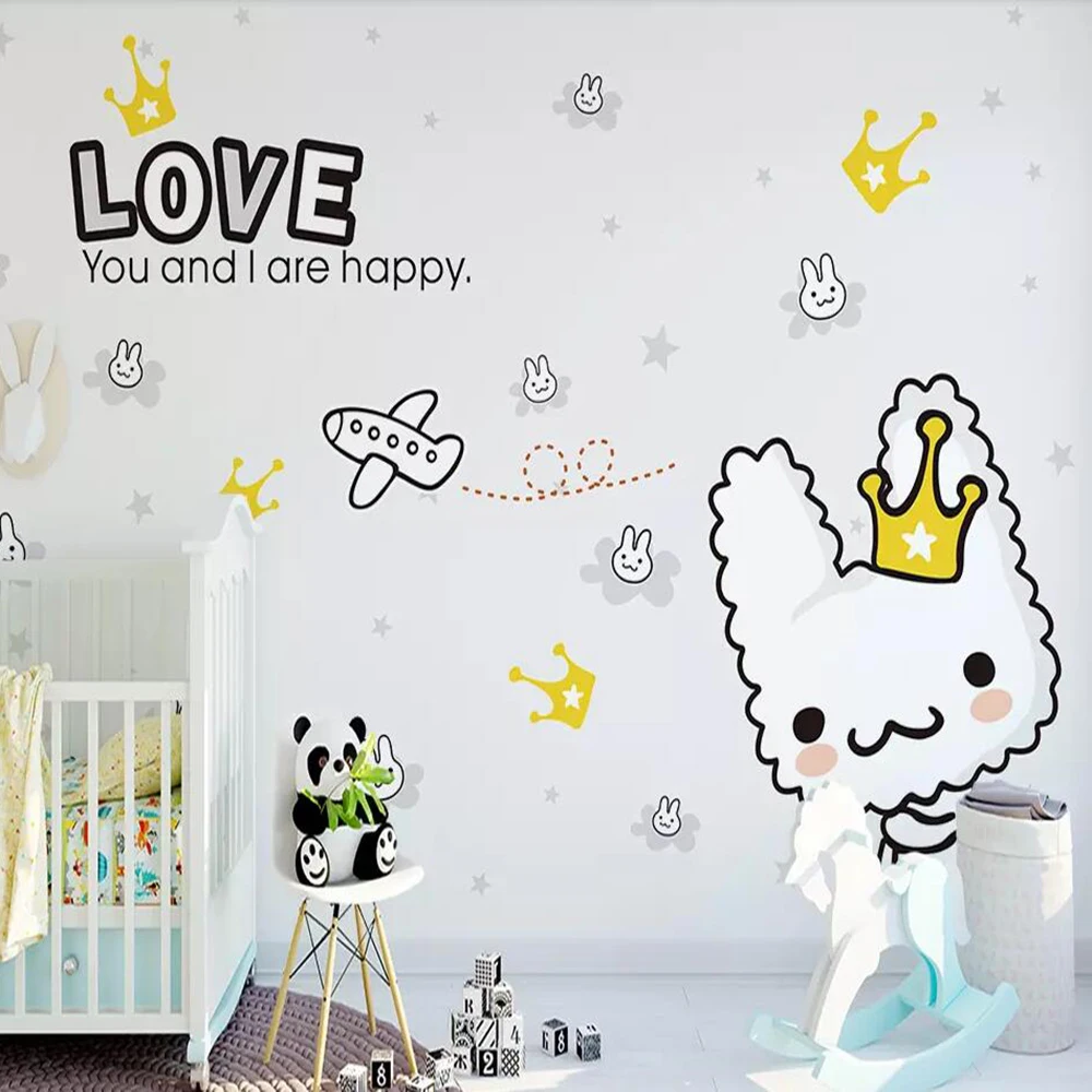 

Milofi custom 3D wallpaper mural hand-painted cartoon crown white rabbit children room bedroom wall decoration wallpaper