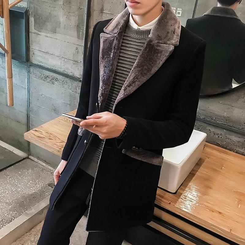 2019Autumn and Winter Fashion Business Men's Plush Thicken Large Size Solid Color Slim Casual Warm Medium Long Fur Collar Coat