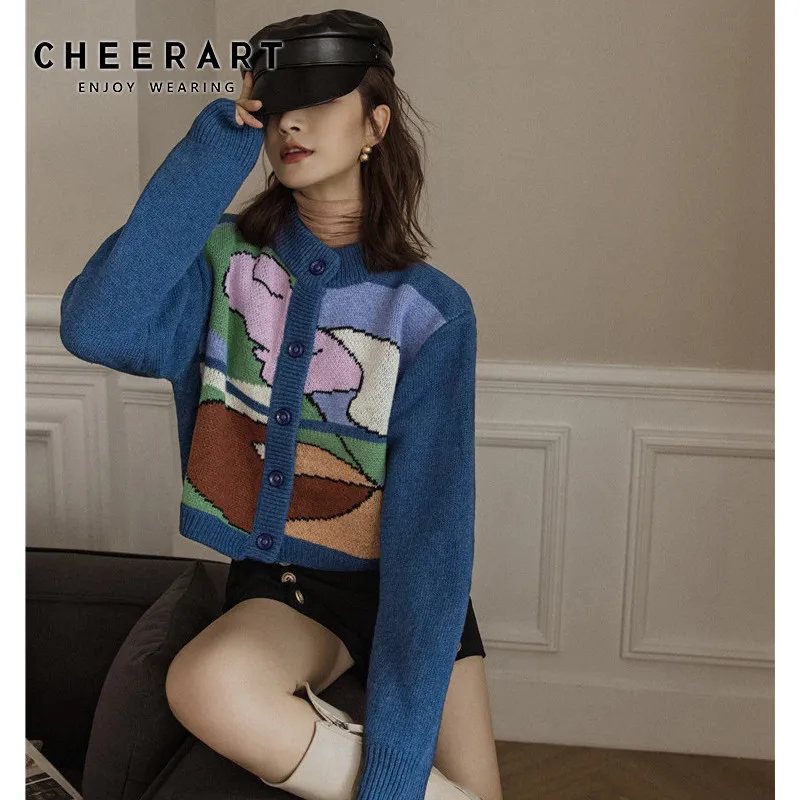 

CHEERART Impressionism Print Cardigan Women Sweater Blue Wool Designer Short Cardigan Coat Button Up Sweaters Cardigans