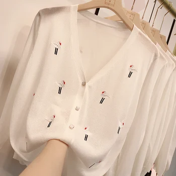 

2020 Summer Early Autumn Thin New Embroidered White V-neck Knitted Cardigan Women Clothes Sweater