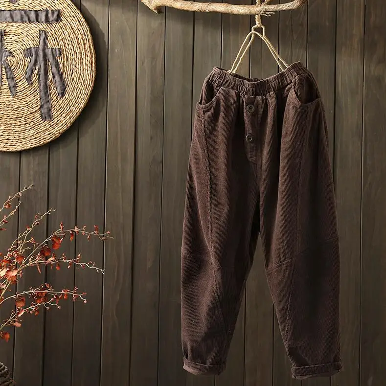 Women Corduroy Pants vintage High Waist Harem Pants Autumn And Winter New Casual Loose Pants women - Color: Brown