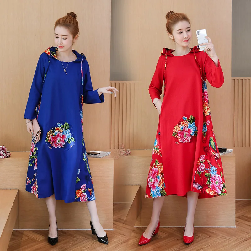 

2018 Autumn New Style Mixed Colors Cotton Linen Ethnic-Style Long Sleeve Hooded Mid-length WOMEN'S Dress