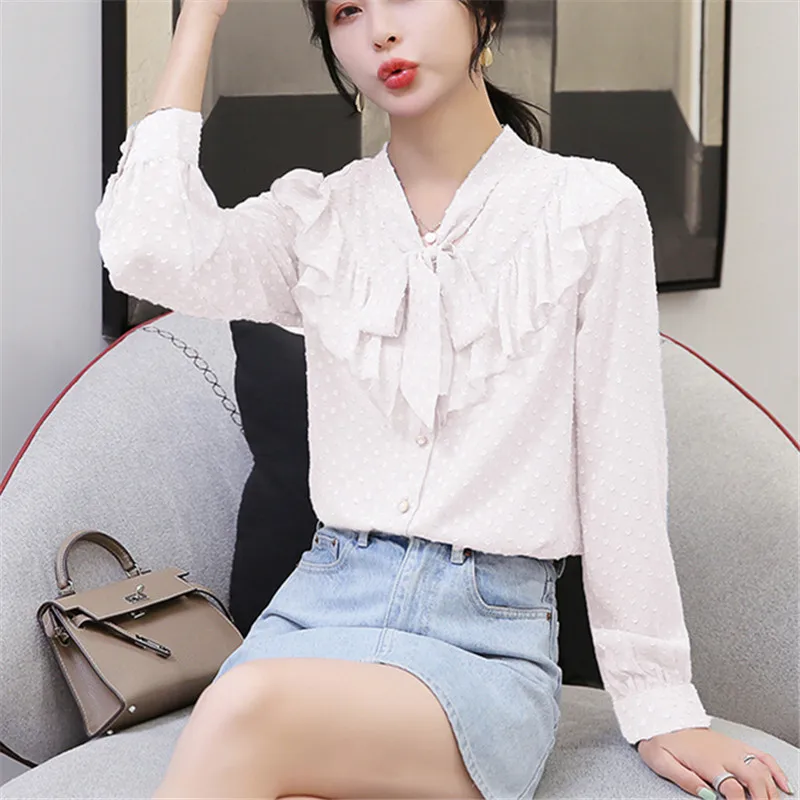 

New Fashion Spring Autumn Women Blouses And Tops 2019 Long Sleeve V Neck Chiffon Shirts Bow Tie Polka Dot Clothing Blouse Blusas