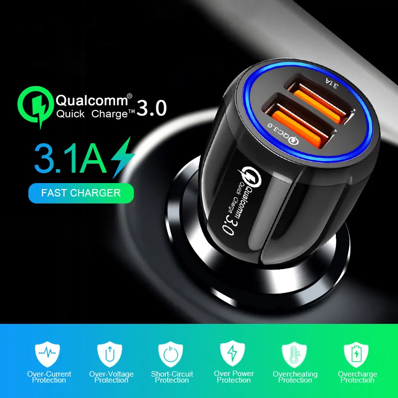 Автомобильное зарядное устройство с двумя USB портами быстрая зарядка кабель типа