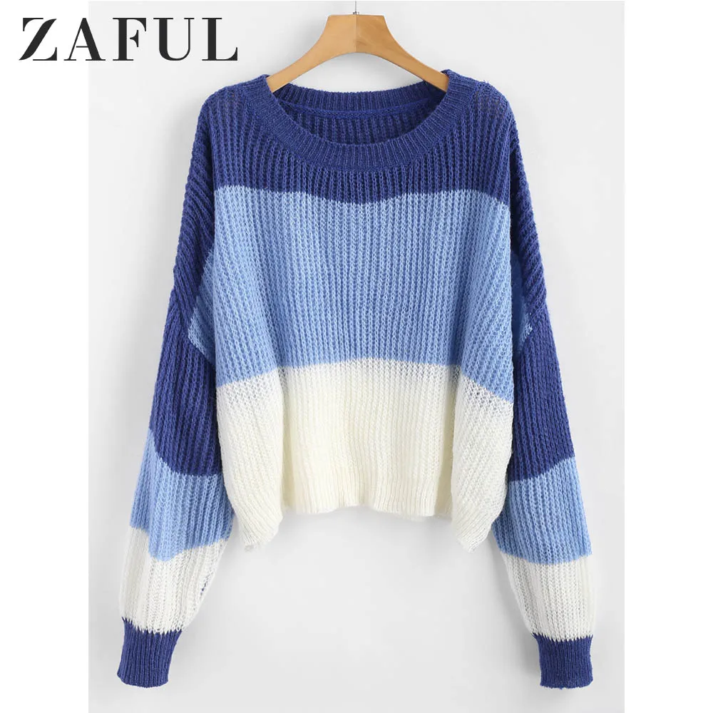 ZAFUL Пуловер Падение Полосатый Свитер Эластичный Полный Рукавом Шею Короткие