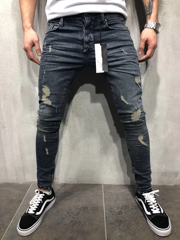 Europe And America High Street Fashion Man with Holes Jeans Elasticity Large Size Trousers Slim-Fit Pants American JEANS