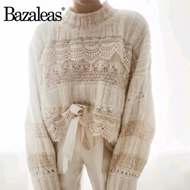 Bazaleas, модные вязаные свитера, Ажурные кружевные лоскутные Необычные пуловеры с длинным рукавом, Женские повседневные милые топы