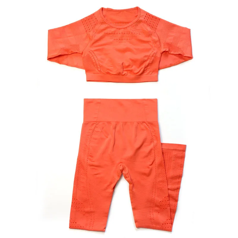 Комплект из 2 предметов, бесшовный комплект для йоги, тренировочная одежда для женщин, трикотажный топ без ворса с длинным рукавом+ леггинсы для фитнеса, спортивный костюм для женщин - Цвет: orange set