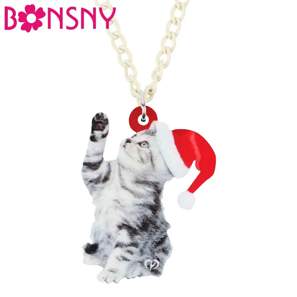 

Bonsny Acrylic Christmas Hat Short Hair Cat Kitten Necklace Pendant Chain Choker Animal Jewelry For Women Girls Teens Kids Gift