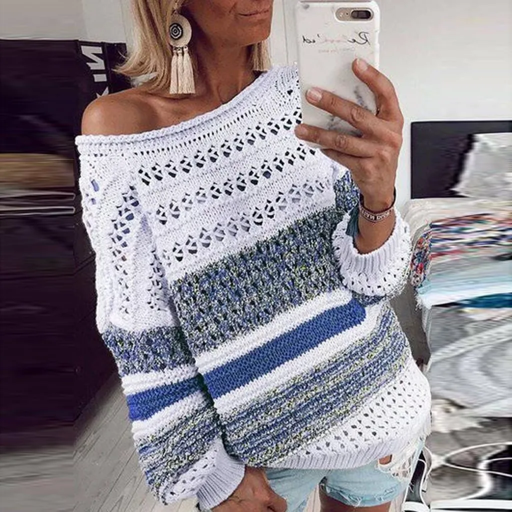 MISSOMO Winter Knitted sweater women 2019 pullover sweater jumper Stripe O-Neck Hollow Out Long Sleeve Sweaters pull femme hiver