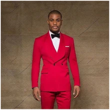 

New Arrival Men's Shawl Collar Red Suits Hot Selling Custom Made Double Breasted Handsome Casual Wear Blazer 2 Pieces Skinny