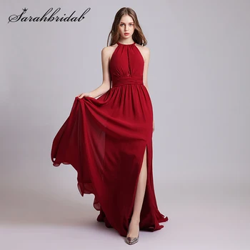 

New 2021 Plum Purple Halter Lace Bridesmaids Dresses Open Fork Fold Floor Length Chiffon Backless Wedding Prom Fomal Gown 5644