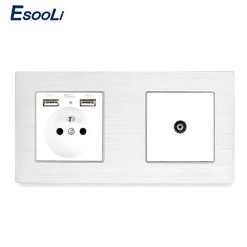 

Esooli Aluminum Metal Panel French Socket 2.1A Dual USB Charge Port Female TV Outlet 172*86mm Wall Socket LED Indicator