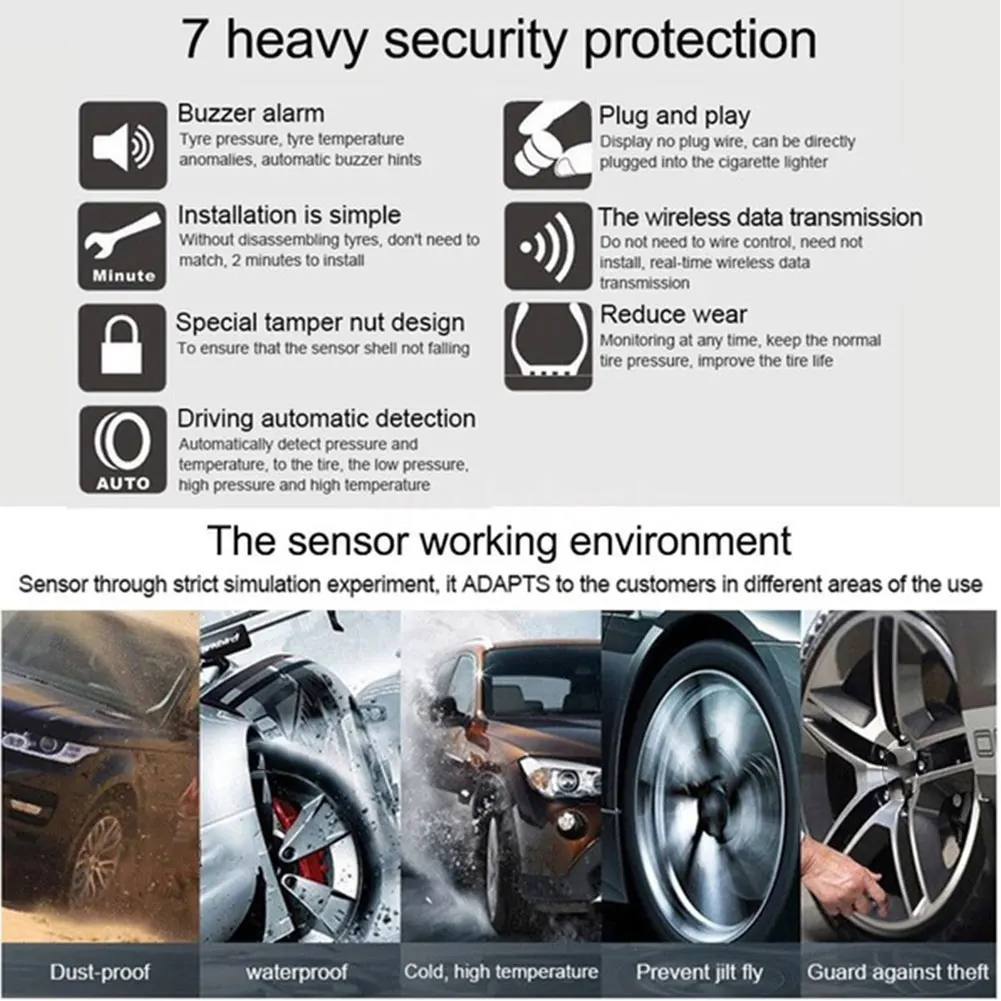 Tanie Vehemo lcd do samochodu TPMS z 4 zewnętrznymi wbudowanymi czujnikami systemy alarmowe bezpieczeństwa Auto TPMS monitorowanie ciśnienia w oponach System Gauge