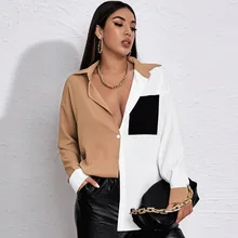 

Spring Summer Autumn 2022 New Contrast Stitched Pocket Commuter Long Sleeve Chiffon Button Up Shirt Office Lady Women’s Tops