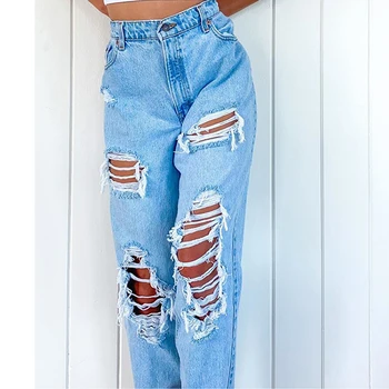 Ladies streetwear jeans casual straight leg jeans high waist loose fitting jeans ripped holes thin women denim trousers