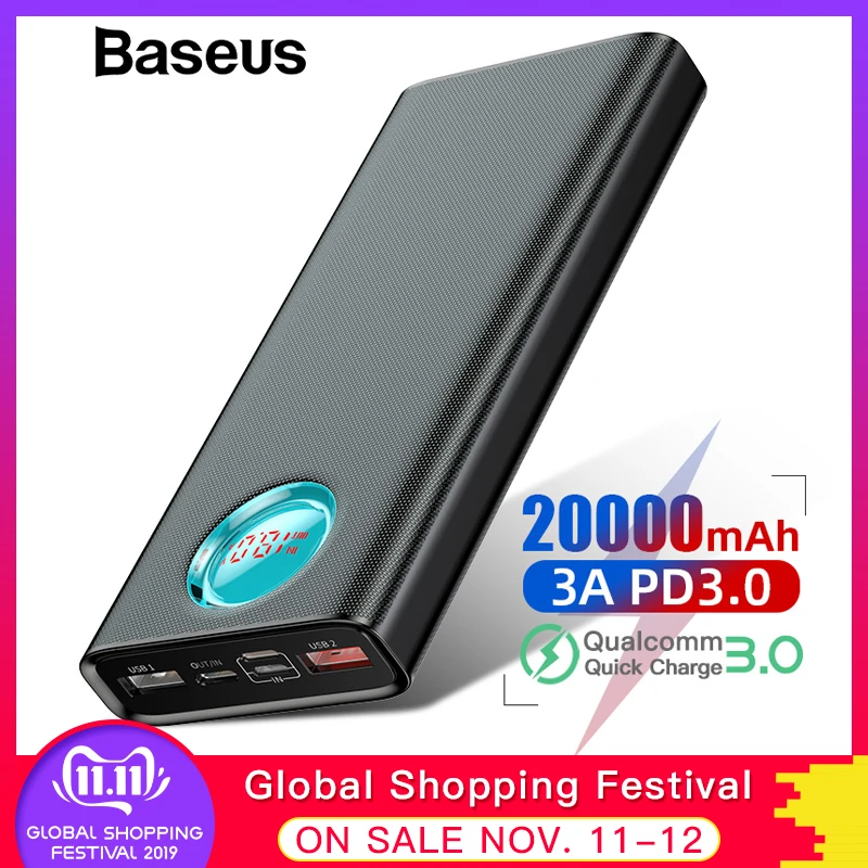 Billige Baseus Power Bank 20000mAh Quick Charge 3,0 PD Schnelle Aufladen Power Tragbare Externe Batterie Ladegerät Poverbank Für Xiaomi