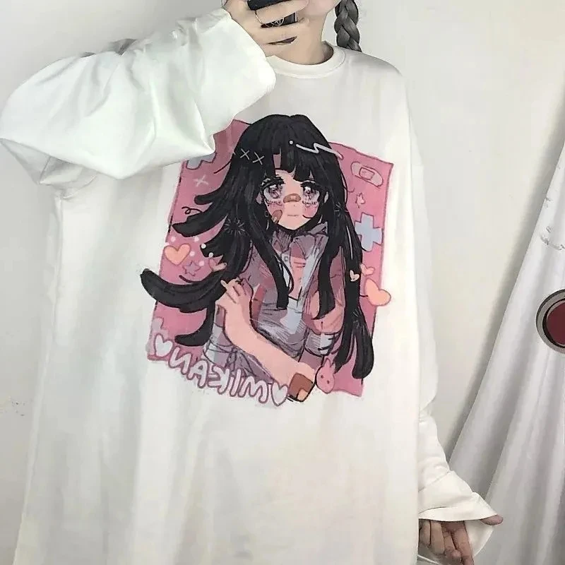 Desenho animado japonês anime fofo amor meninas impressão manga comprida  camiseta feminina outono falsa 2 peças retalhos pulôveres top - AliExpress