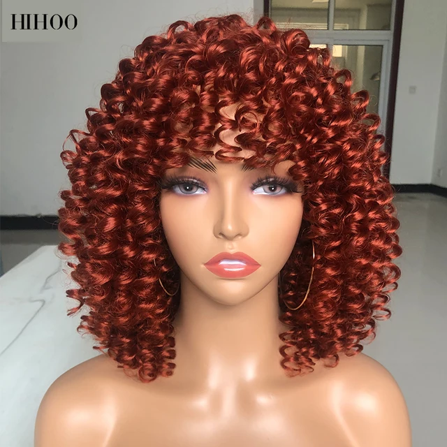 Afro Kinky Curly Wig With Bangs Short Synthetic Wigs For Black Women Omber Brown Blonde Glueless Cosplay Hair High Temperature 350r