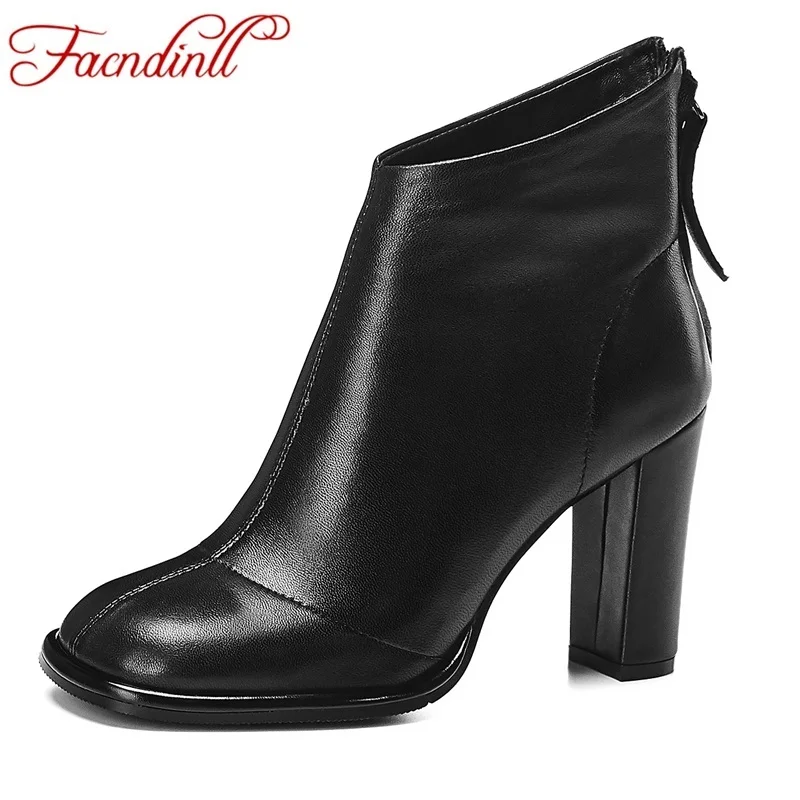 

FACNDINLL women ankle boots new 2019 autumn winter genuine leather high heels zipper black ladies riding boots big size 34-42