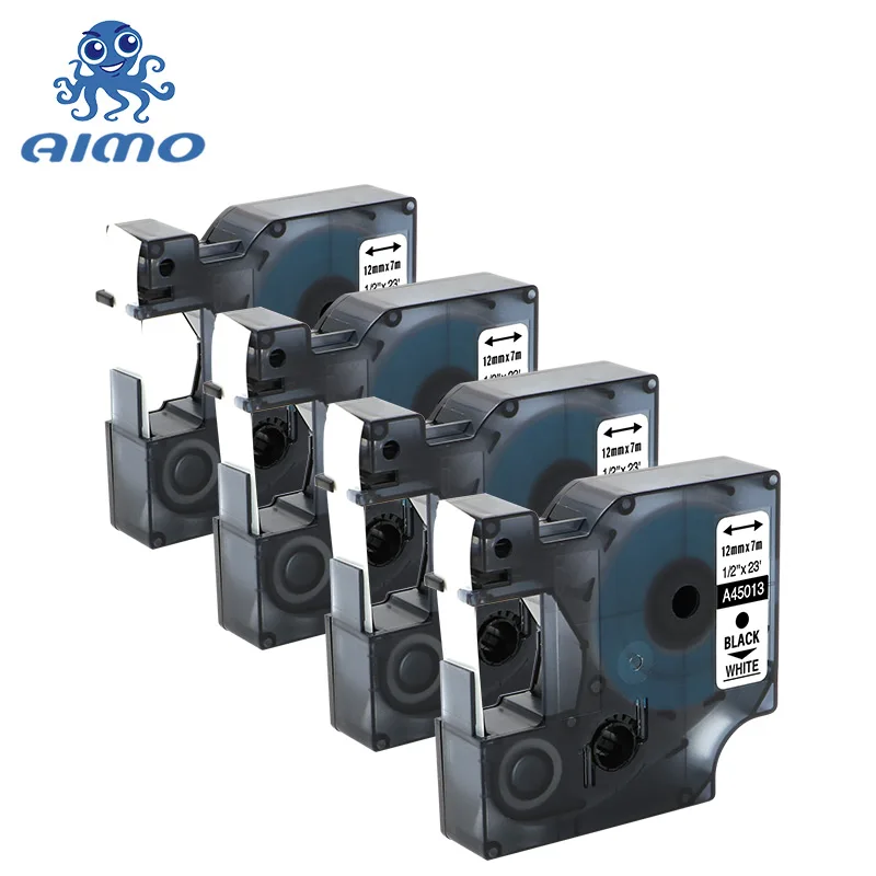 AIMO 4 шт совместимы с кассетами для Этикеток Dymo D1 45013 черный на белой ленте лейбл