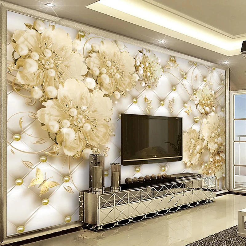 

Photo Wallpaper European Style 3D Stereo Pearl Soft Roll Jewelry Flower Mural Living Room TV Background Wall Luxury Home Decor