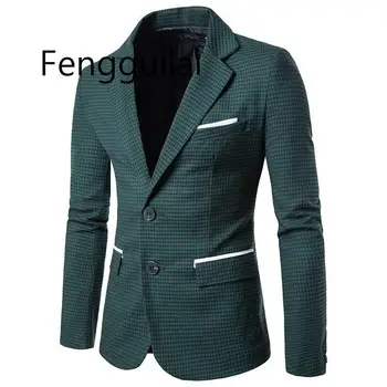 

FENGGUILAI Plaid Print Casual Men Blazer Fashion Long Sleeve Wedding Dress Coat Formal Veste Costume Business Mens Blazer Jacket