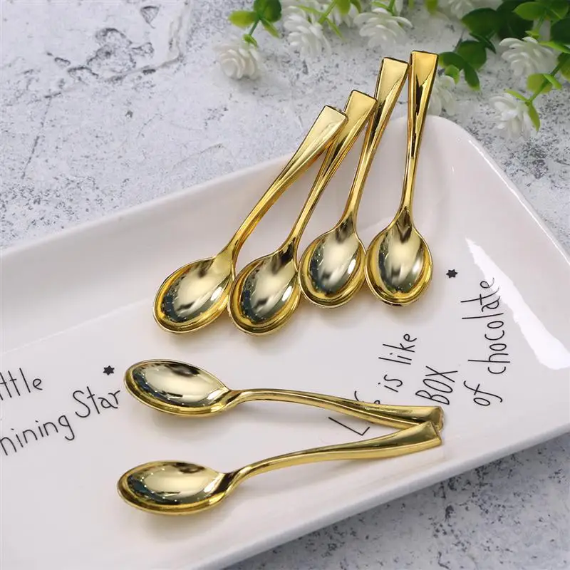 24PCS Plastic Disposable Spoons Golden Mini Spoon Set Plastic Imitate Metal Flatware For Barbecue Party Picnic Kitchenware