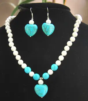

8mm White Shell Pearl & Blue Turquoise Pendant Necklace Earrings Set AAA+