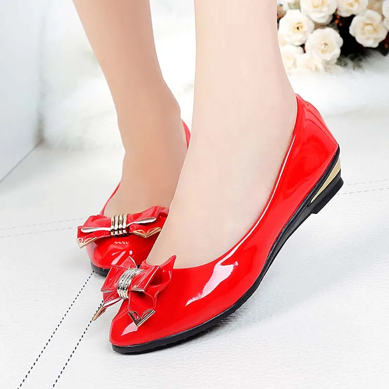 

Sweet Pink Bow Loafers Black White Comfort Leather Ballet Flats Beige Nurse Boat Shoes Woman Spring Fashion Red Wedding Shoes