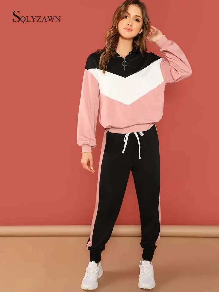 

Color Block Tracksuit Women 2 Piece Set Casual Long Sleeve Zip Sweatshirt and Pant Jogger Sweatpants Sweat Suit Female Outfits