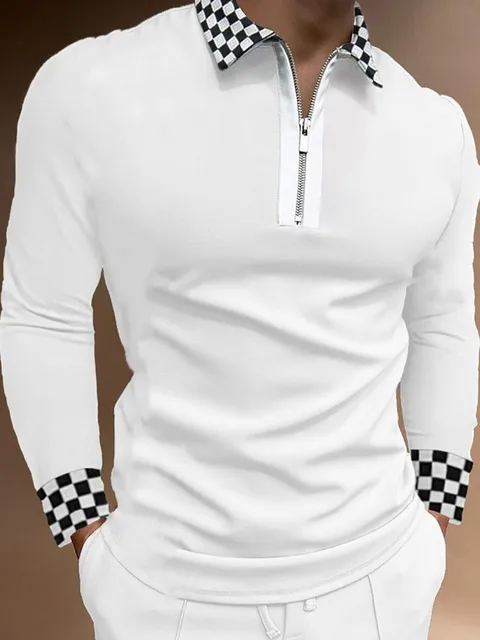 2021 Autumn Streetwear Men Fashion Long Sleeve Polo Shirts Casual Loose Turn-down Collar Zipper Tops Men Slim Polo Shirts CXPLS-3White