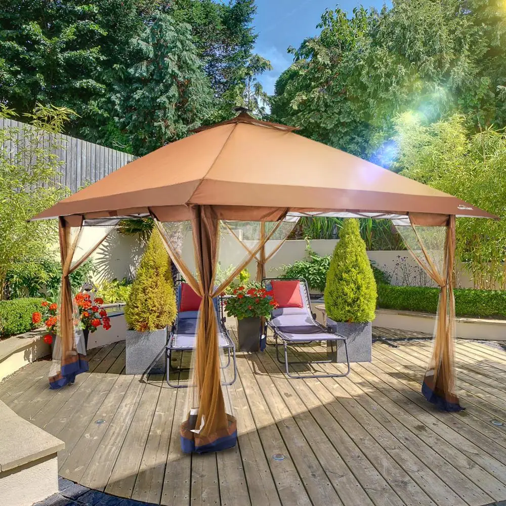 

Outdoor Patio Garden Pop Up Gazebo Canopy with Mosquito Netting and Solar LED Light