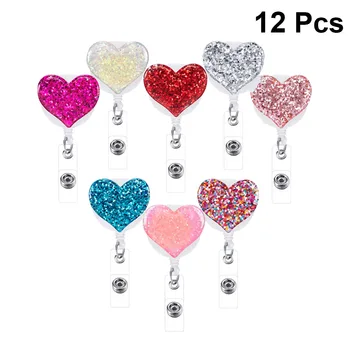 

12pcs Nurse Badge Holder Shiny Rhinestone Heart Shape Nurses Retractable ID Card Badge Reel Clips (Random Color)