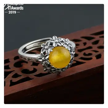 

10*10mm 6.18 Sale S925 Sterling Silver Ukraine Amber Rings Exaggerated Rings health rich lithuania Retro Handmade