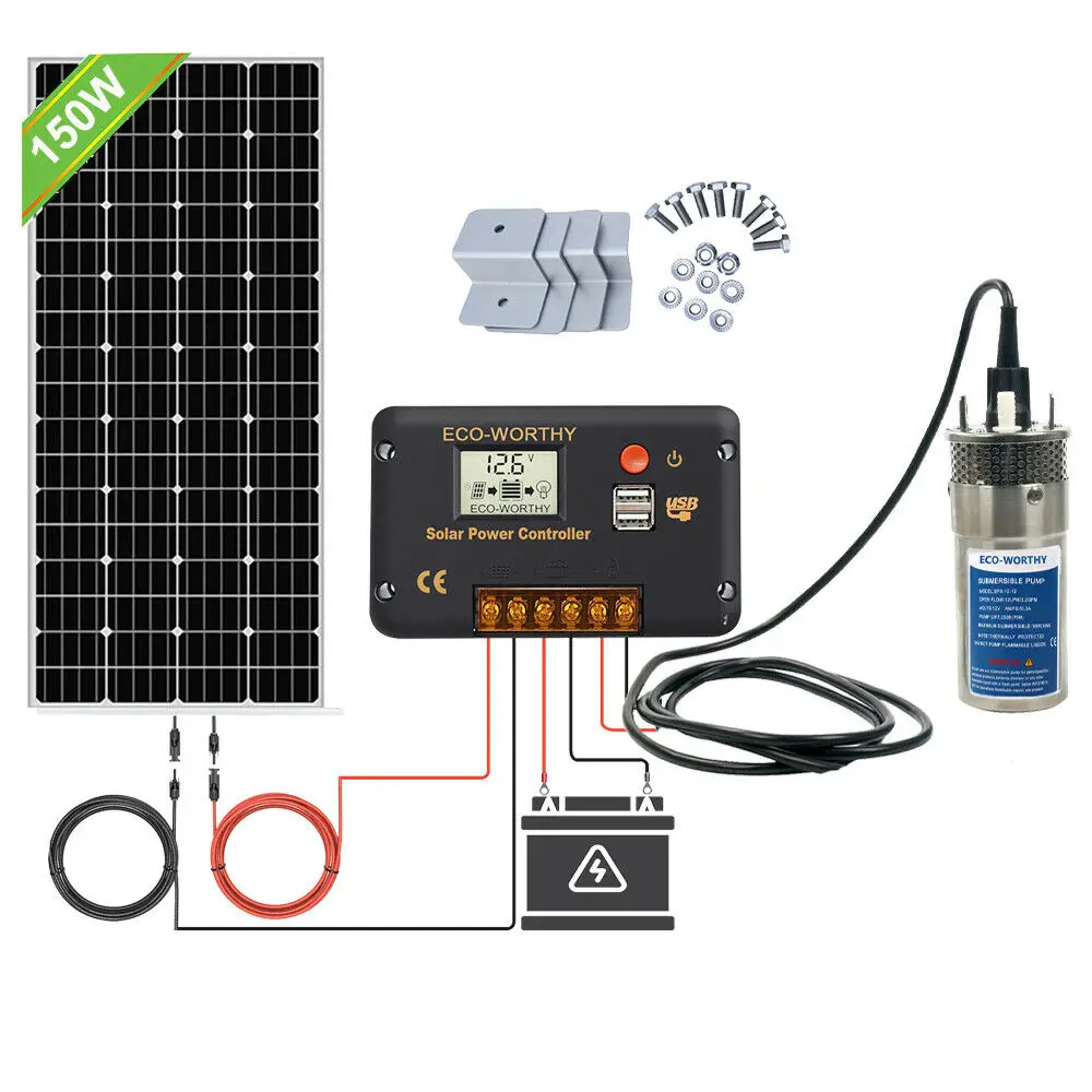 US $250.70 12V 150W Solar Panel Deep Well Submersible Water Pump System Remote Water Intake