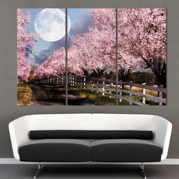 

HD Printed Modern Canvas Wall Art 3 Pieces Cherry Trees Night Scenery Home Decor Living Room Painting Modular Pictures Framed