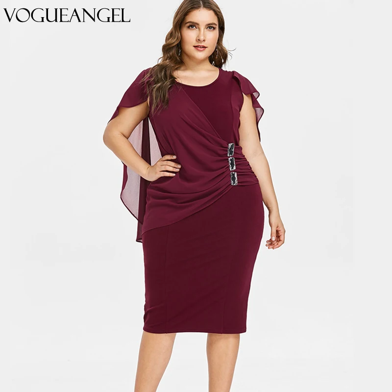 De talla grande de diamantes de imitación adornada Cintura entallada vestido con poncho de verano sin mangas O cuello de las mujeres Vestidos OL vestido de fiesta Vestidos 5XL