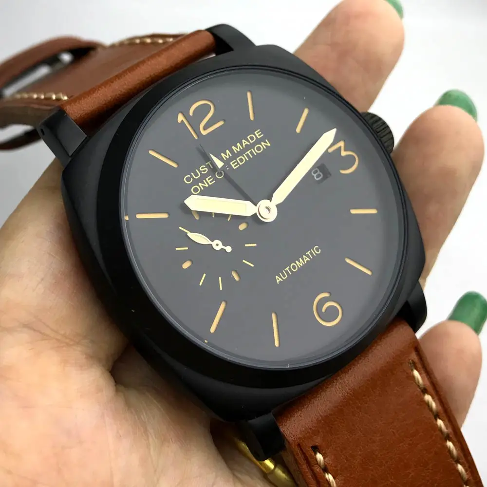 

Men 47MM GMT Seagull Automatic Movement PVD Black Stainless Steel Luminous Leather Handmade Strap a1