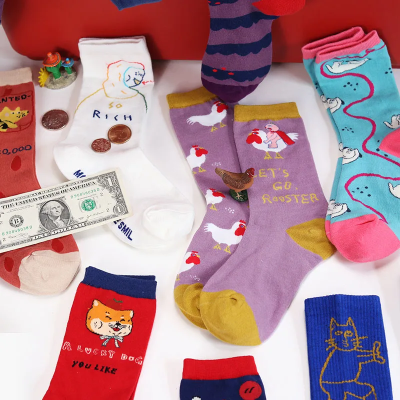 

Japan Creative Animal Happy Cartoon Oil Painting Funny Socks Women Cute Print Art Crew Unisex Socks Harajuku Sokken Skarpetki