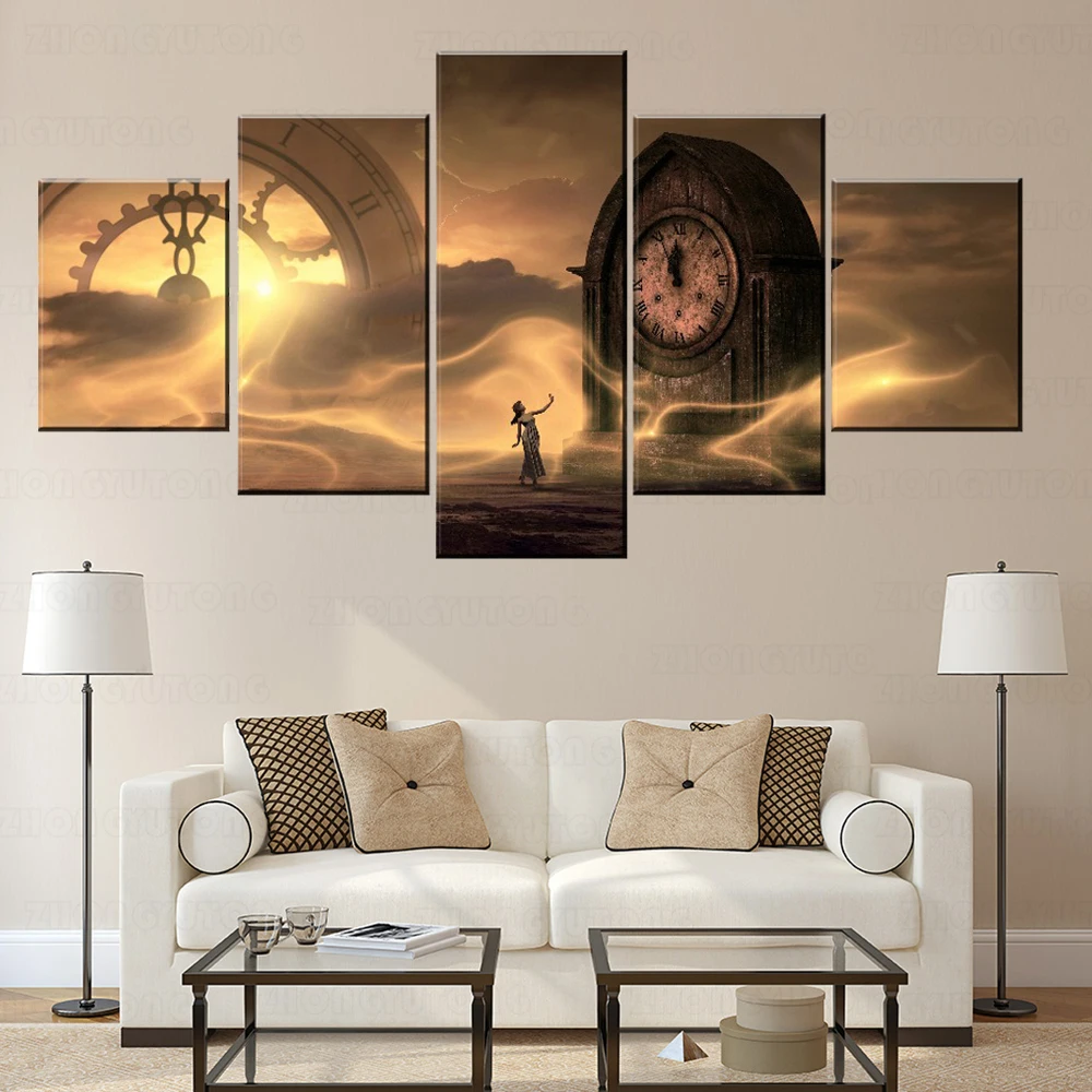 Clock Fantasy Mysterious Girl Time Painting 5 Piece Modular Picture Canvas Print Type Modern Home Decor Wall Artwork Poster | Дом и сад
