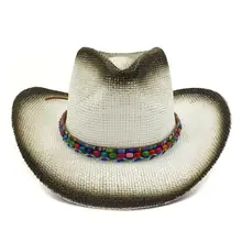 Summer Handmake Raffia Men Western Cowboy Hat With Rope Women Western Wide Curling Brim Cap Sun Protection Unisex Hats AF0034