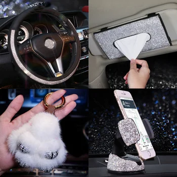 

Fashion Rhinestones Car Interior Accessories for Women Crystal Leather Steering Wheel Covers Air Vent Holder Keychain Tissue Box