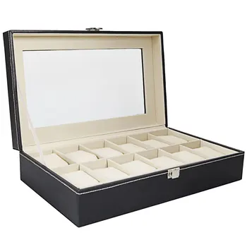 

12 Slots Watch Dislpay Box Organizer, Pu Leather with Real Glass Top, Organizer Storage Tray for Men & Women