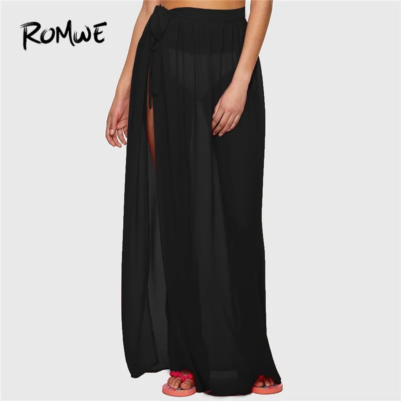 

Romwe Sporty Tie Side Sheer Beach Cover Up Skirt Without Panties Women Solid Sexy Mesh Cover Summer Long Skirts Swim Cover