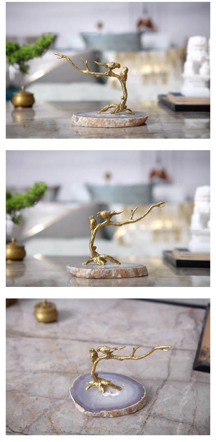 Modern Golden Bird Standing On A Branch Copper Desktop Ornaments Creative For Office Home Decorations Agate Stone Crafts Gift